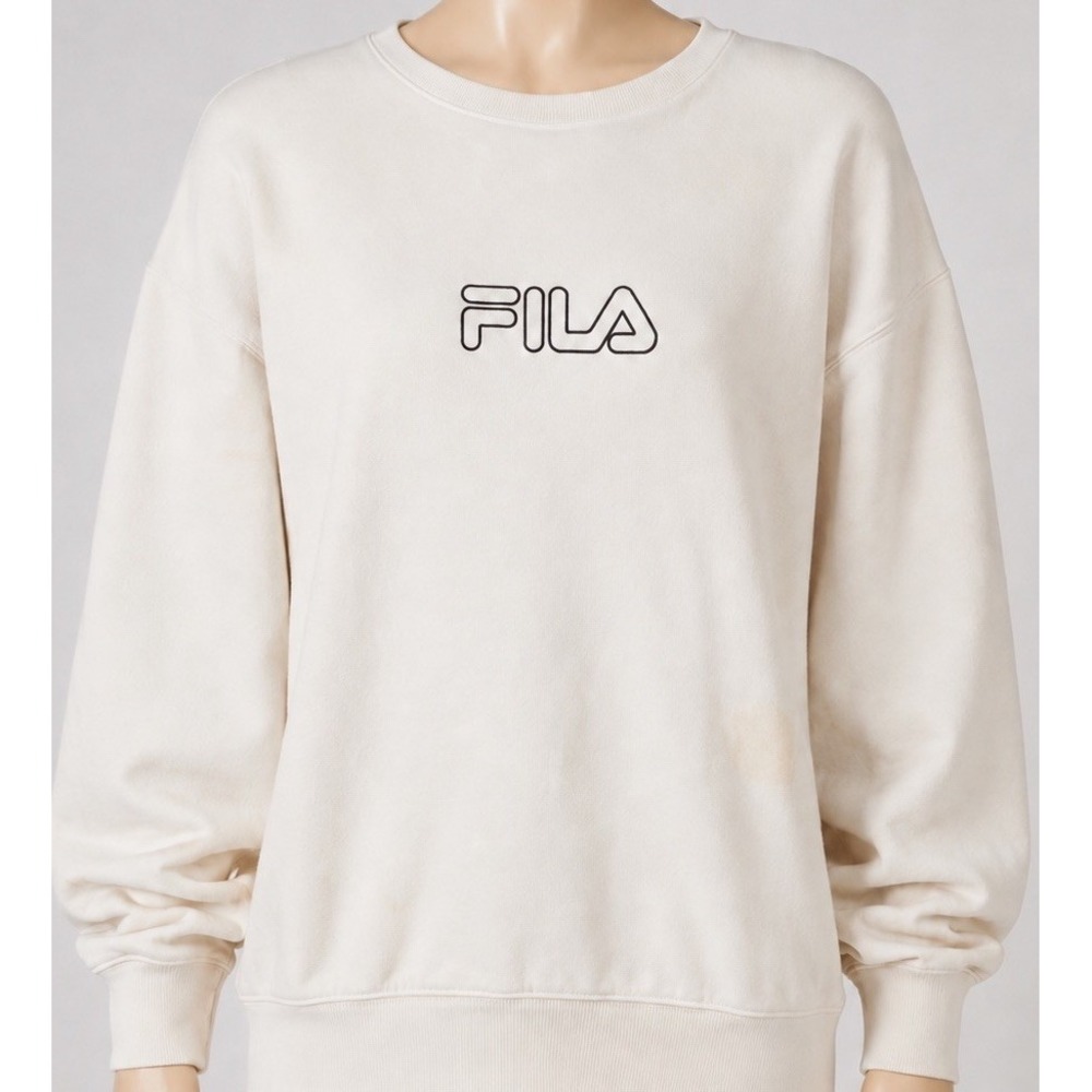 FILA Vintage Fleece Sweatshirt Womens Large Ivory Cream Crewneck Logo Pullover